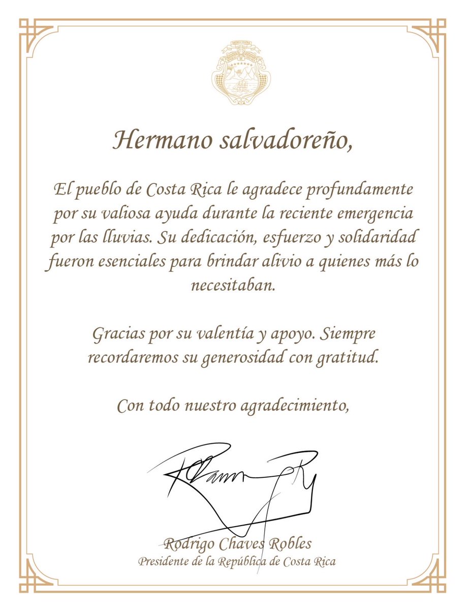 ¡Muchísimas Gracias hermanos salvadoreños! Los ticos de bien siempre agradeceremos la generosidad de su pueblo, los 300 rescatistas y del presidente Bukele. Nos invadieron con armas de solidaridad entre hermanos.  Un abrazo y que Dios los bendiga a todos.⁦<a href="/nayibbukele/">Nayib Bukele</a>⁩
