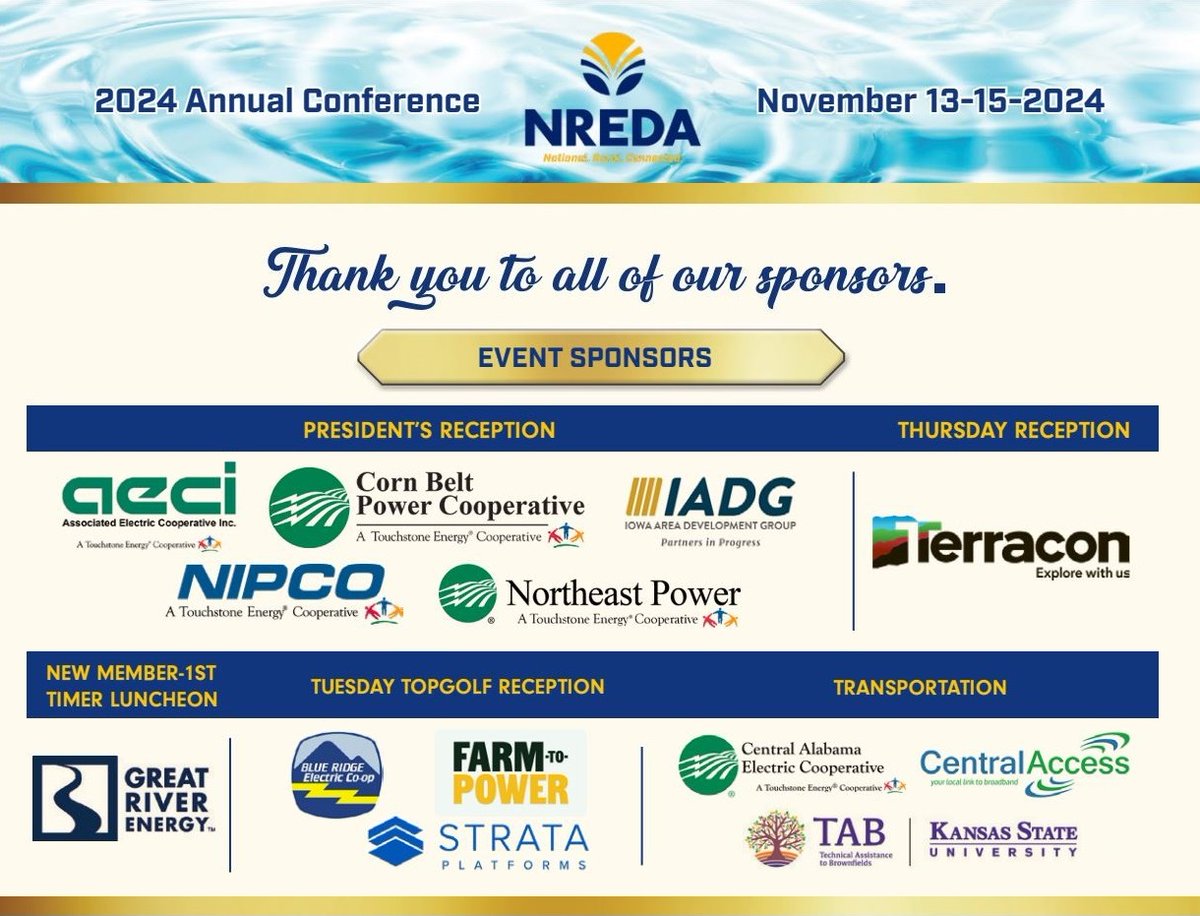 THANK YOU to our 2024 Annual Conference Sponsors! We appreciate your investment in making our annual conference an incredible opportunity for our attendees and our organization!
nreda.memberclicks.net/2024-annual-co…

#NREDATakesOmaha #NREDA #AnnualConference #RuralProud #EconomicDevelopment