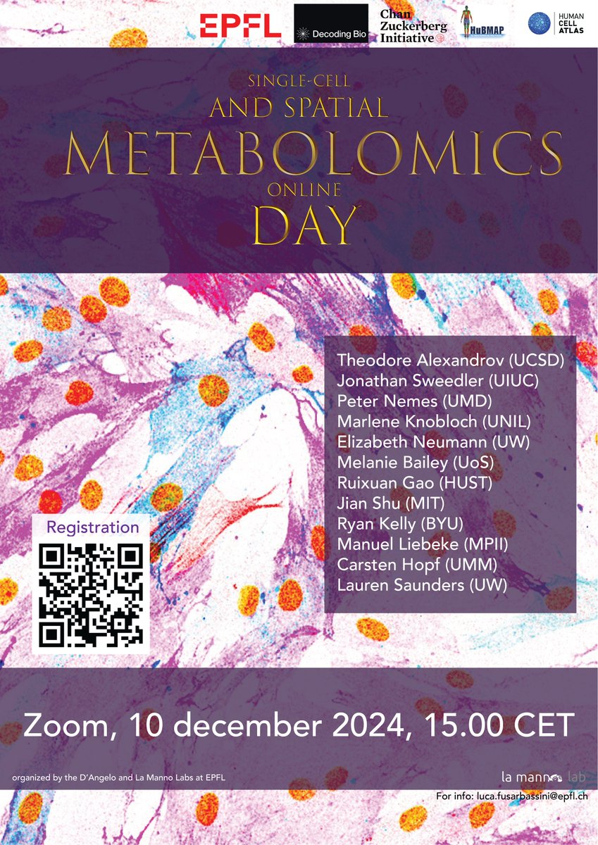 Gioele La Manno (@gioelelamanno) on Twitter photo Interested in #singlecell and #spatial #metabolomics ? Then book your calendar for December 10th! – Our online, free event will summarize major achievements of the field in 2024. #metabolism #omics #MALDI #EPFL With <a href="/Gio_Dangel0/">Giovanni D'Angelo</a> lab we prepared a fantastic lineup. 🧵 1/5 Interested in #singlecell and #spatial #metabolomics ? Then book your calendar for December 10th! – Our online, free event will summarize major achievements of the field in 2024. #metabolism #omics #MALDI #EPFL With <a href="/Gio_Dangel0/">Giovanni D'Angelo</a> lab we prepared a fantastic lineup. 🧵 1/5
