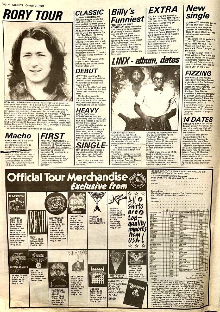 ZoundsAbound's tweet photo. In the News this week, #DebbieHarry signs to appear in Videodrome, a movie by David Cronemberg
#UKDecay & @depechemode release their debut LPs this week & @rorygallagher is going back to college with a tour of Unis.
#Linx release their new LP ‘Go Ahead’
Sounds Oct 31st 1981 https://t.co/145iNP3Nyh