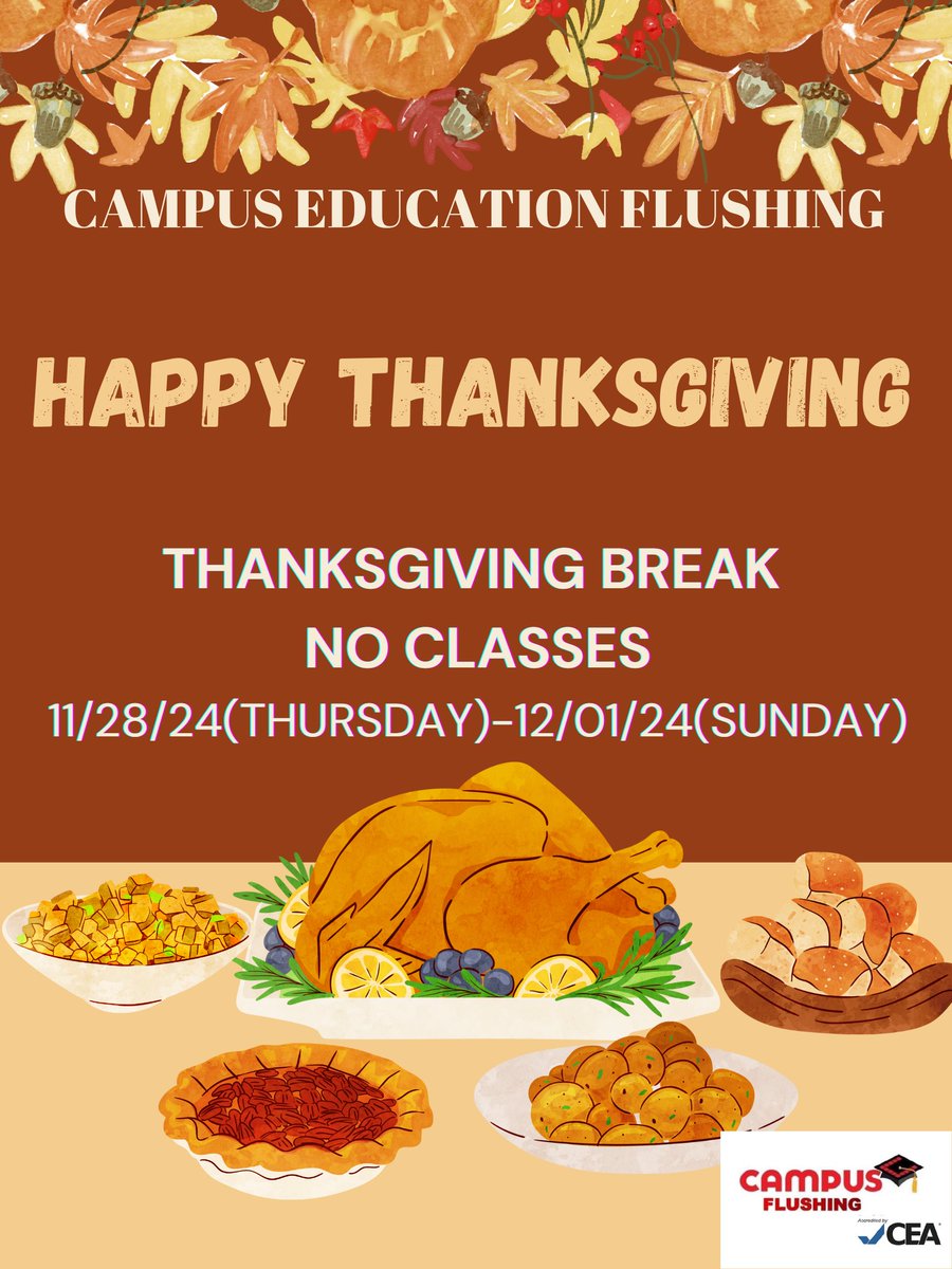 campus_flushing's tweet photo. We hope you have a great Thanksgiving break!🥰#esl #f1 #campus #english #flushing#changeofstatus https://t.co/A6tZDw6Kc2