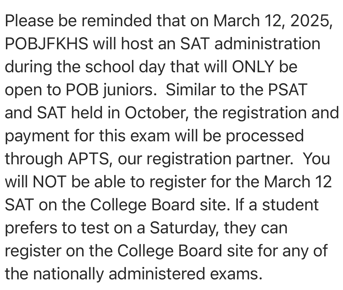 Plainview families! This note from the district implies that students must choose to either take the exam on the School Day test date offered or on a Saturday. However, taking the test on March 12th does not preclude testing on other dates. #POBJFK #SAT #SchoolDay