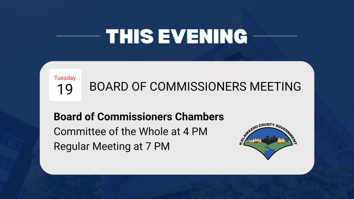 KalamazooCounty's tweet photo. Board meetings are held at the Kalamazoo County Administration Building located at 201 W. Kalamazoo Ave. Kalamazoo, MI 49007. Join us in person or catch the livestream on https://t.co/SXAUXnMMhN, YouTube, Facebook, or right here on Twitter/X. 📢 https://t.co/AXsAO4FbAb