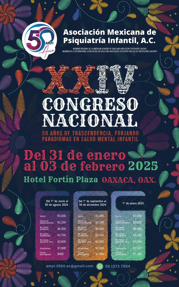 emma_sar's tweet photo. XXIV Congreso Nacional Y 50 Aniversario de la Asociación Mexicana de Psiquiatría Infantil @AMPI_AC 

Dirigido a todos los profesionales que trabajan con temas de Salud Mental y Adicciones en niños y adolescentes.

Contacto:

Correo: ampi.2000.ac@gmail.com

WhatsApp: 55 1373 7954 https://t.co/do3Y9L6G5B