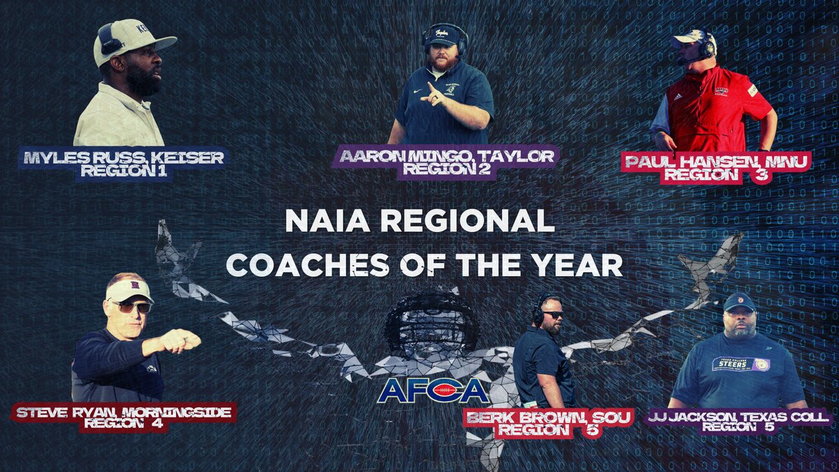 WeAreAFCA's tweet photo. 🏆Congratulations to the AFCA NAIA Regional Coaches Of The Year

1️⃣ @CoachMylesRuss | @KeiserFootball
2️⃣ @Coach_Mingo | @TrojansFBL
3️⃣ @CoachHansen_ | @MNUFootball_ 
4️⃣ @MsideFball | @MsideFootball
5️⃣ @SOU_CoachBBrown | @SOU_Football
5️⃣ @Coach_JJackson2 | @TexasCollege23 https://t.co/SSSvidPOJQ
