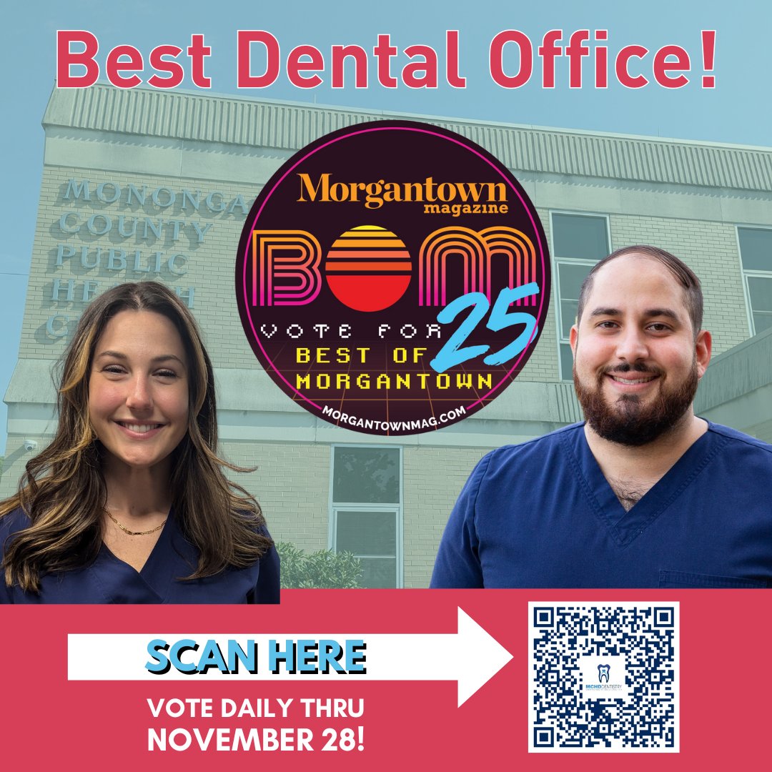WVMCHD's tweet image. We appreciate your votes in @MorgantownMag 's BOM contest! Since last year, Dr. Kayla Courtney has joined program manager Dr. Youseph Kassar in our two-dentist practice.
You can vote daily through Nov. 28!
tinyurl.com/2t663au6
#wvmchd #MorgantownMag #BOM25
🦷🥇🏆