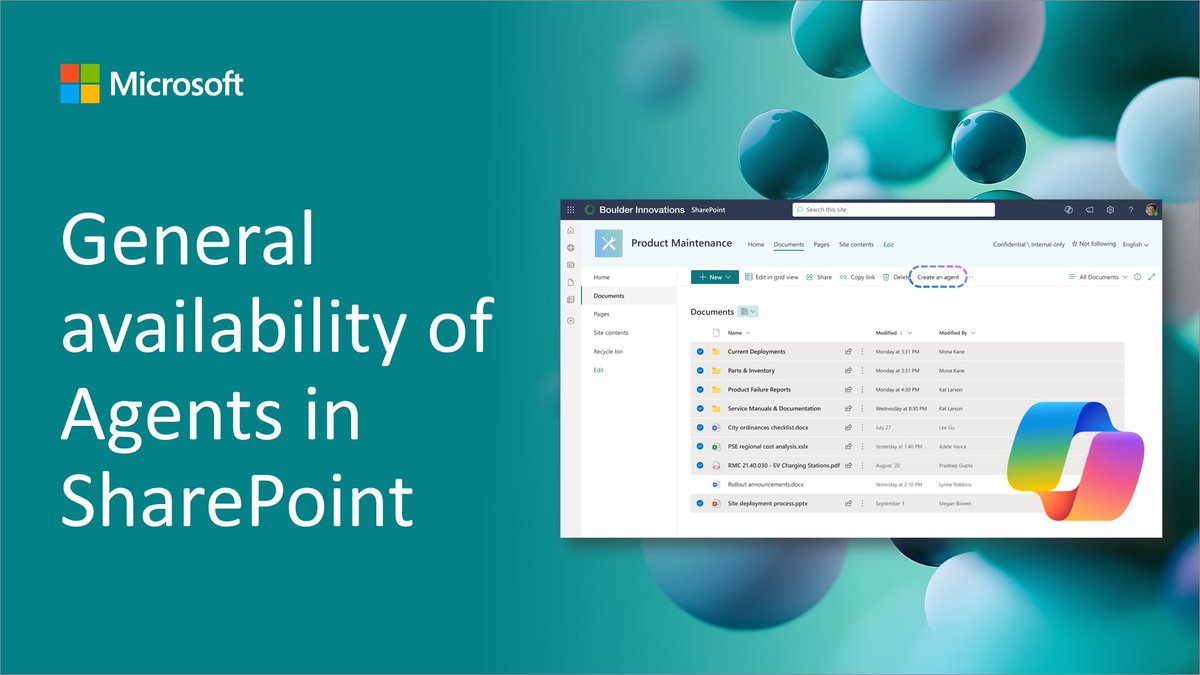 Vesa Juvonen (@vesajuvonen) on Twitter photo ✨ Agents in SharePoint now in general availability
• Easy to use and create
• Each SharePoint site is an agent for Copilot
• Create specialized agents based on documents
• Share and collaborate in Teams
• Built on security 🔒
See more → techcommunity.microsoft.com/blog/Microsoft… ✨ Agents in SharePoint now in general availability
• Easy to use and create
• Each SharePoint site is an agent for Copilot
• Create specialized agents based on documents
• Share and collaborate in Teams
• Built on security 🔒
See more → techcommunity.microsoft.com/blog/Microsoft…