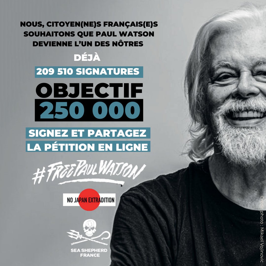 Vous êtes plus de 209 510 à avoir signé la pétition pour la demande de naturalisation de Paul Watson 🐋

C’est énorme, et c’est grâce à vous, mais il faut continuer de se mobiliser !
Signez et partagez la pétition pour soutenir l’octroi de la nationalité française au capitaine