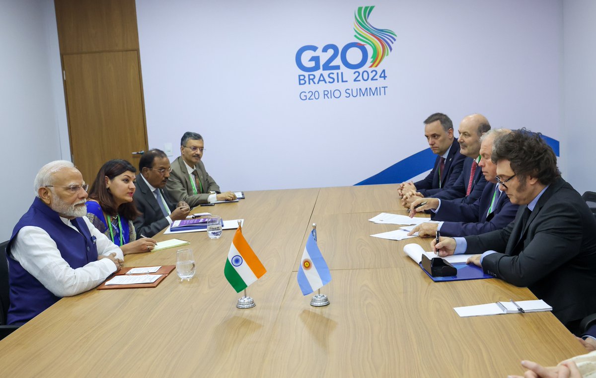 Had an outstanding meeting with President Javier Milei of Argentina. India cherishes the close friendship with Argentina. Our Strategic Partnership marks 5 years, adding immense vibrancy to bilateral relations. We talked about enhancing ties in energy, defence production, trade