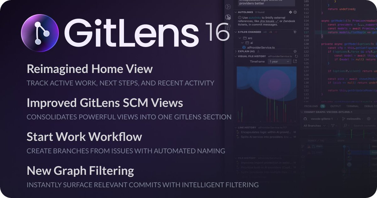 gitlens's tweet image. GitLens 16 is here, bringing big improvements to Git workflows in #VSCode. The new, enhanced Source Control View makes it easier than ever to stay on top of your repos, branches, and commits—all in one place. Here’s what else is new 🧵👇

#Git #GitLens #VSCode #ReleaseNotes #AI