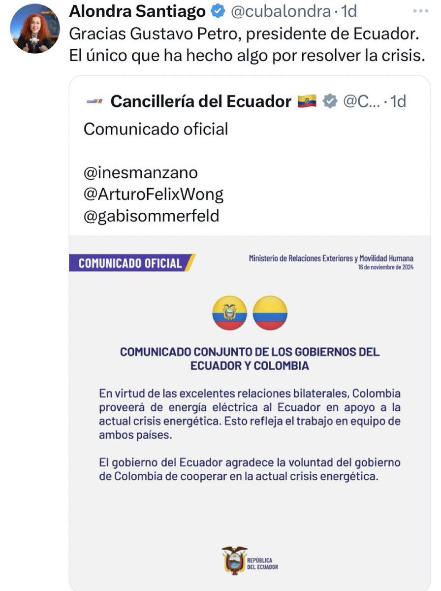 Esta pelotuda de <a href="/cubalondra/">Alondra Santiago</a> es el claro ejemplo de como hacerse odiar de manera gratuita, acaso el Presidente <a href="/petrogustavo/">Gustavo Petro</a> nos está regalando los megavatios, bien carito lo esta haciendo y se hizo el sensual durante meses sin querer ayudarnos.