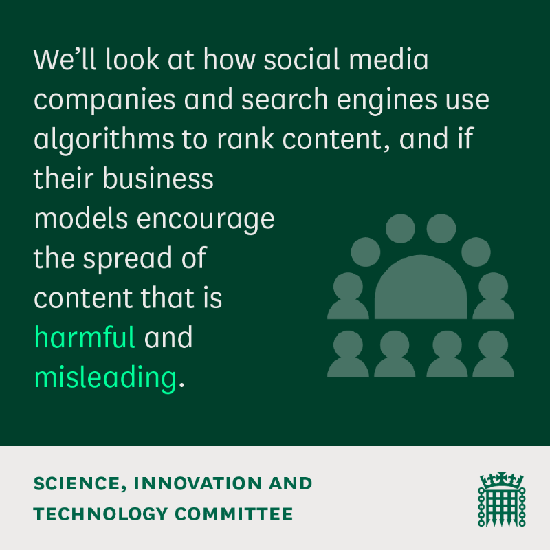 CommonsSITC's tweet photo. We've launched a new inquiry into #SocialMedia, #misinformation, and the role of #algorithms.