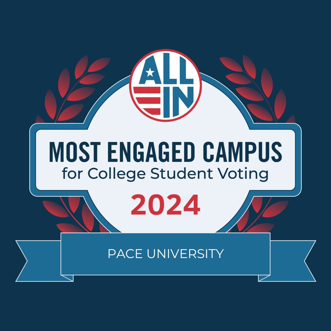 Pace University is proud to be recognized as one of the Most Engaged Campuses for College Student Voting in 2024 by @AllInToVote! 

We are honored to receive this recognition and can’t wait to build upon this success to strengthen our democracy. 🇺🇸
