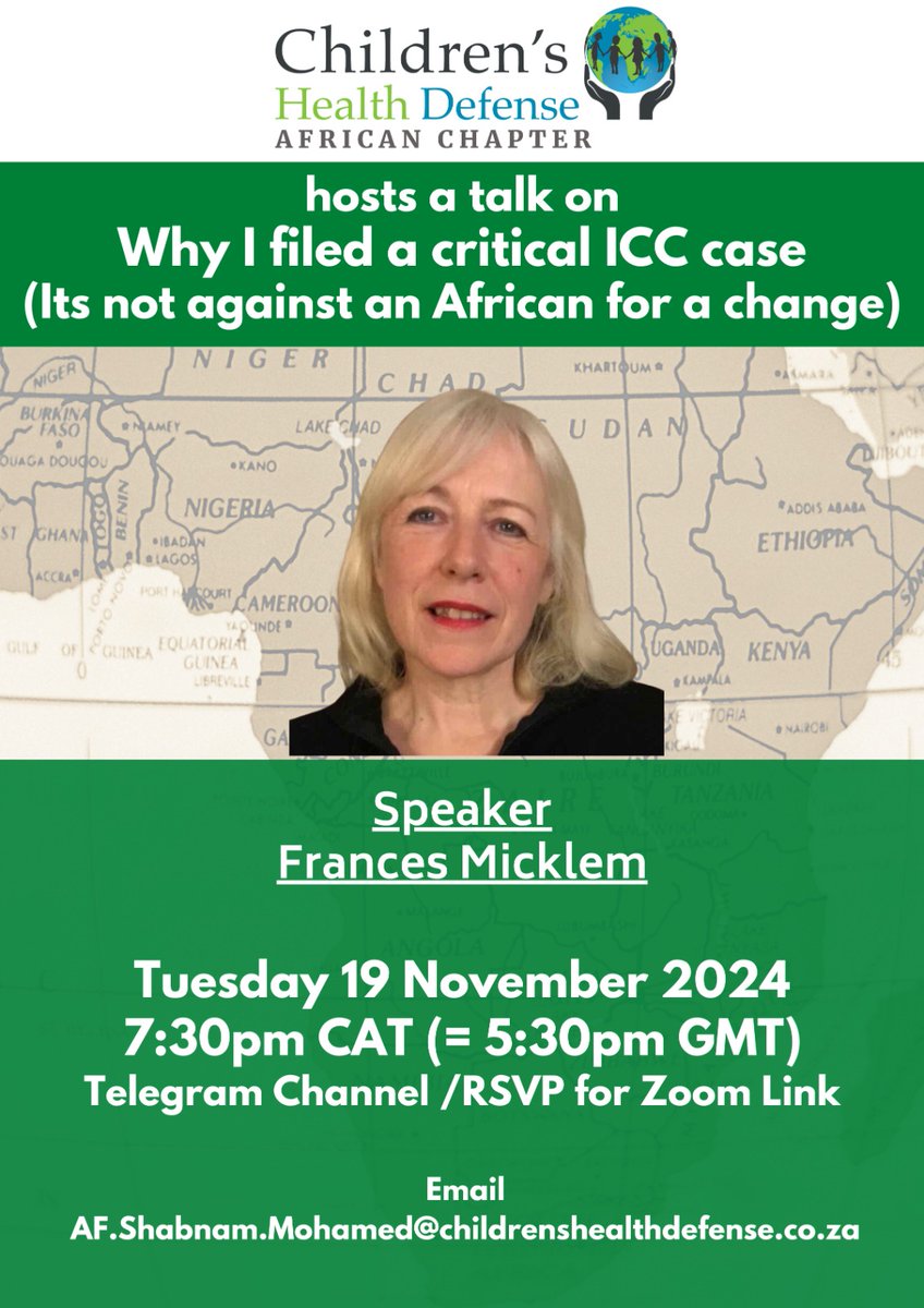 🌍 CHD Africa Meeting

⏰ Tuesday 19 November 2024 (7:30pm CAT)

🚸 Speakers contributing: Frances Micklem

✅ Register via Zoom in advance:
us02web.zoom.us/meeting/regist… 

📧 Email to Volunteer/Donate to support our work: AF.Shabnam.Mohamed@childrenshealthdefense.co.za

✅ Telegram: