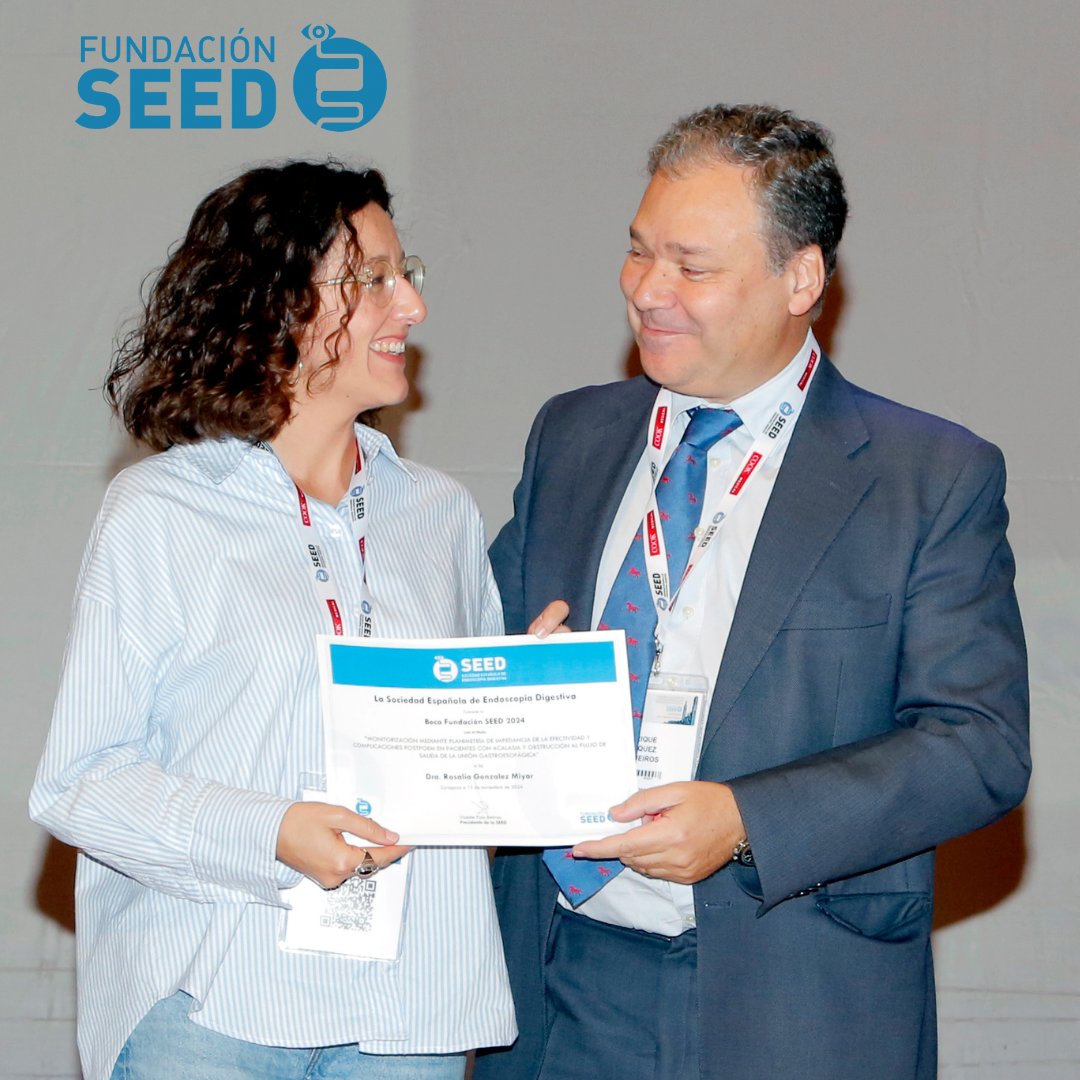 SEEDendoscopia's tweet photo. 👩🏻⚕️La Dra. Rosalía González Miyar @RosaliaGMiyar recibe la Beca #FSEED de Investigación en #endoscopiadigestiva dotada con 15K€ por el estudio "Monitorización mediante planimetría de impedancia de la efectividad y complicaciones #postpoem en pacientes con #acalasia y obstrucción al flujo de salida de la unión gastroesofágica"🎉¡Enhorabuena!🎉
@DigestivoPdH
#SEED2024