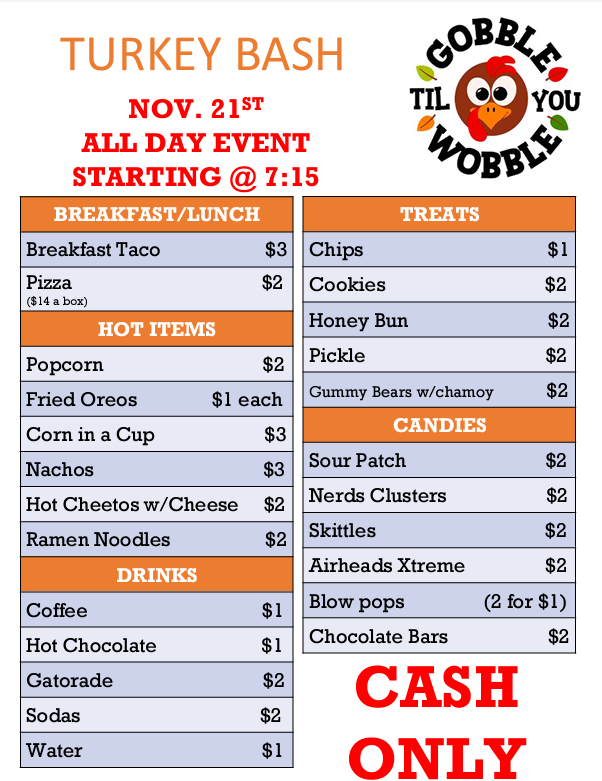 We are excited to announce the Turkey Bash🍂🦃 on November 21st, starting at 7:15 AM hosted by  PTO for all Warrior students and staff! This all-day event will feature a variety of food options,.Join us for a day of community and delicious food!
 Please note: cash only.