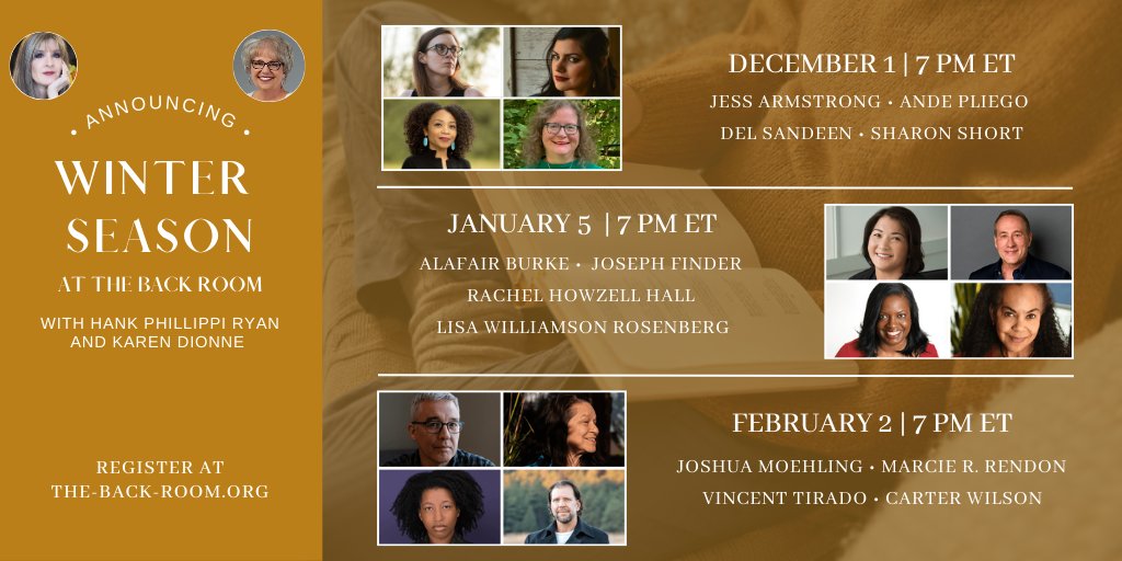 Announcing our Winter 2024/5 Season!

Hosted by <a href="/HankPRyan/">Hank (ONE WRONG WORD is here!) Phillippi Ryan</a> and <a href="/KarenDionne/">Karen Dionne</a>, The Back Room is your place to connect with authors and readers and discover new books! 

Sign up today for free! | the-back-room.org

#onlineauthorevent #authortalk #authortalkseries #authorevent