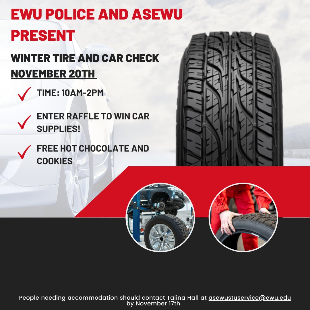 Please join #EWU PD &amp; #ASEWU at P9 (Roos Field) for our Winter Vehicle Safety Check tomorrow from 10:00 - 2:00! We will check tires, fluid levels, windshield wipers. Free give-aways, cocoa and cookies, and enter to win a raffle basket!