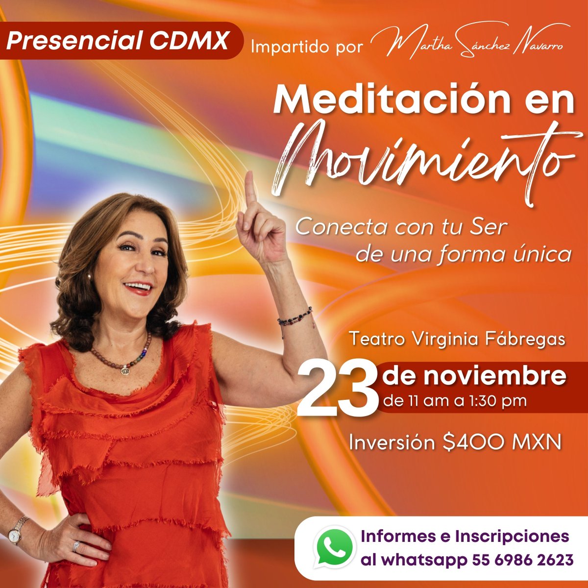¿Te gustaría ser más consciente de ti mism@, de tu cuerpo y tu entorno? Con la Meditación en movimiento lograrás conectar con el aquí y ahora de una forma única.
Te espero el 23 de noviembre en el Teatro Virginia Fábregas. Aparta tu lugar al whatsapp: 5569862623