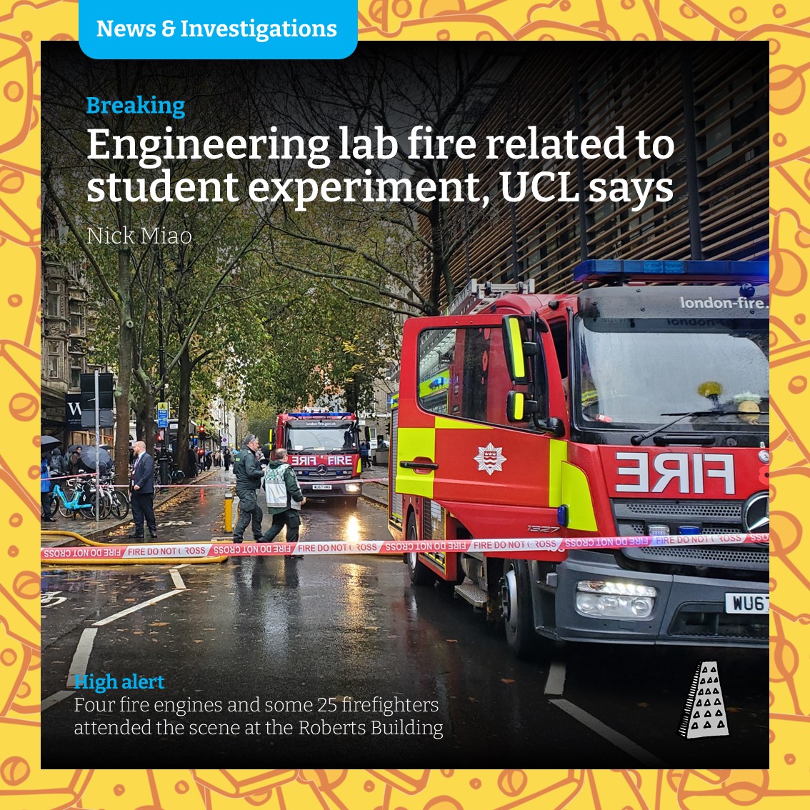 Four fire engines and at least two ambulances were rushed to UCL after a fire related to a student experiment erupted in the Roberts Building today, writes <a href="/nickcwmiao/">Nick Miao</a>

⬇️This is a developing story and will be updated when more information comes to light
cheesegratermagazine.org/2024/11/19/cau…