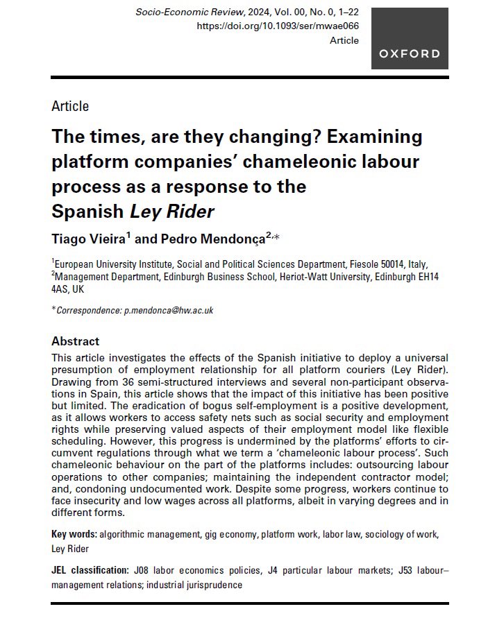 Tiago Vieira (@vieira_tiago_) on Twitter photo New paper out! Do digital platforms really change when workers are reclassified? In our new research published in Socio-Economic Review Pedro Mendonça (<a href="/PedMendo/">Pedro Mendonça</a>) and I examine how #Glovo, #UberEats, and #JustEat responded during the first year of #LeyRider.
(link at the bottom) New paper out! Do digital platforms really change when workers are reclassified? In our new research published in Socio-Economic Review Pedro Mendonça (<a href="/PedMendo/">Pedro Mendonça</a>) and I examine how #Glovo, #UberEats, and #JustEat responded during the first year of #LeyRider.
(link at the bottom)