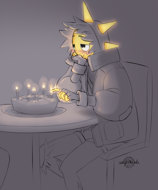 sunspotheads's tweet image. he got a little distracted while lighting the candles...
also hi  🪩
#Sunspot #SunspotFortnite