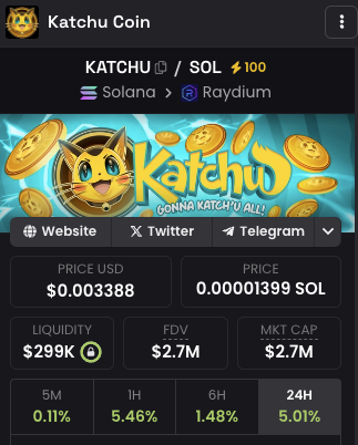 Like the look of $KATCHU <a href="/Level100Coin/">Katchu</a> 

It's trending on Dexscreener with a cool concept mix between pokemon and catching.

They also have a meme bot that allows TG users to "katch" tokens. Utility that definitely can go viral.

Go check them out!