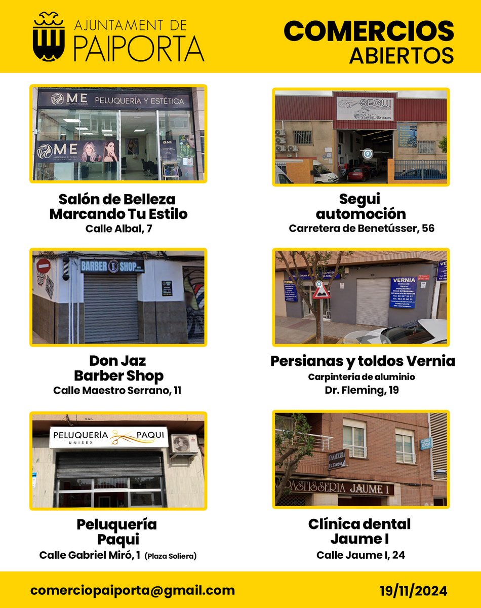 🛍️ 📢 NUEVOS COMERCIOS ABIERTOS 💪👏

💇‍♀️ Salón de Belleza Marcando tu Estilo
📍 Calle Albal, 7

🚗 Segui Automoción
📍 Carretera Benetússer, 56

 💈Don Jaz Barber Shop
📍 Calle Maestro Serrano, 11

🪟 Persianas y toldos Vernia
Carpintería de aluminio
📍 Calle Dr. Fleming, 19