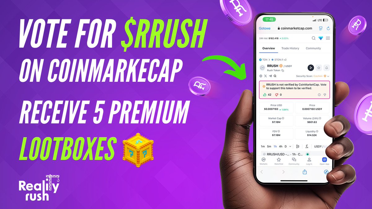 🗳️ Vote for $RRUSH on CMC! 🗳️

🌟 Help us get verified on CoinMarketCap by casting your vote.
🎁 Vote to complete the in-game task before the end of the week to earn 5 Premium Lootboxes after CMC listing!
💪 Let’s show the strength of the Reality Rush community!

🚀 Cast your