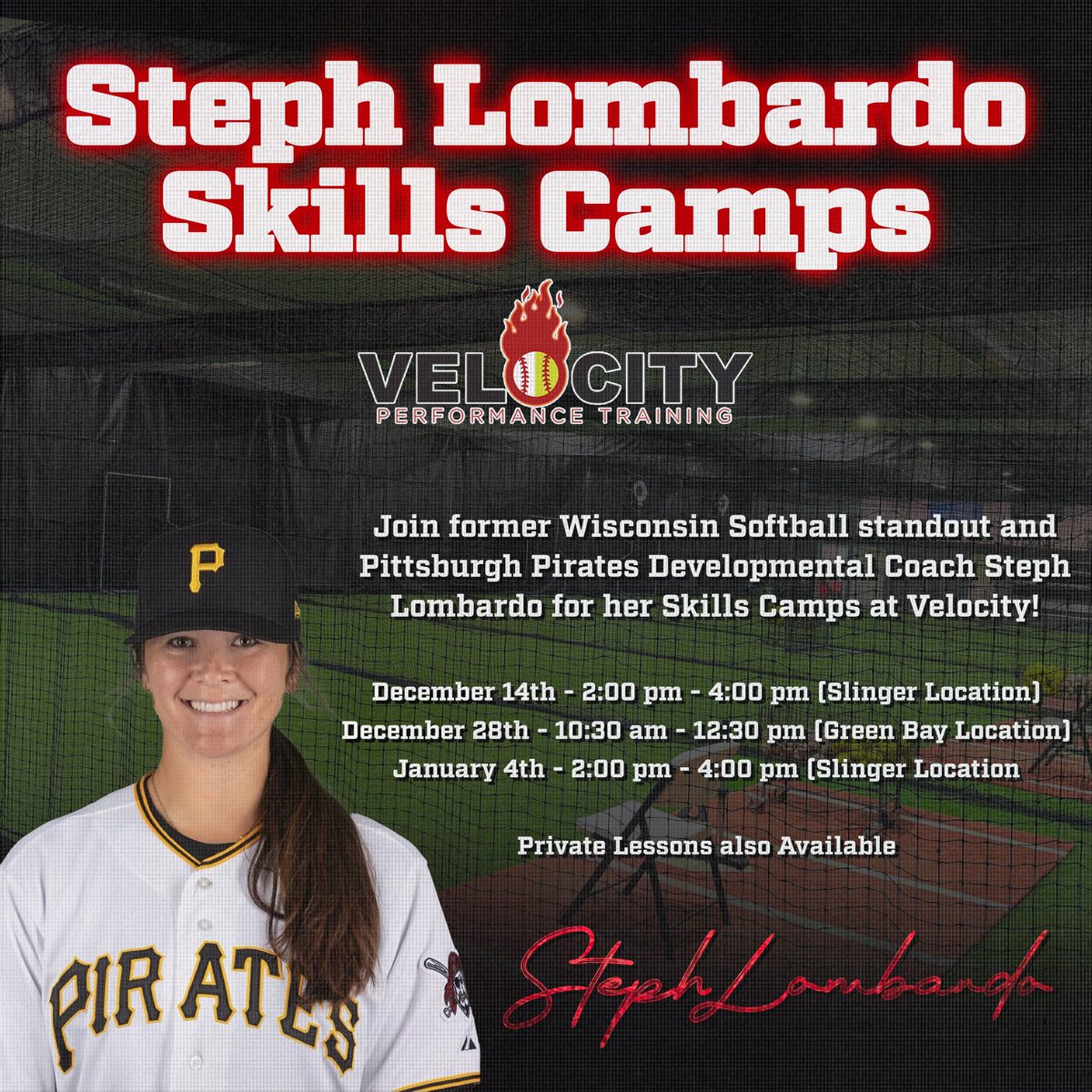 Velocity_GB's tweet image. Velocity is excited to announce former Wisconsin Badgers Softball stand out and current Pittsburgh Pirates Minor league Coach Steph Lombardo will be hosting a skills camp at both of our locations. A great gift for the holidays! #TrainWithVelocity

Link: trainwithvelocity.com/steph-lombardo…