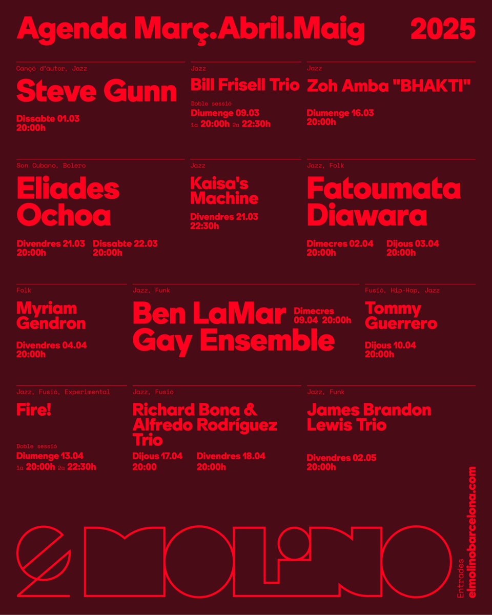 Us presentem prop de 20 concerts per a la primera meitat del 2025: Richard Bona, Immanuel Wilkins, Calexico, Quimi Portet, Kiki Morente i molts més! Entrades ja disponibles: elmolinobarcelona.com. Aforaments limitats, emocions il·limitades.