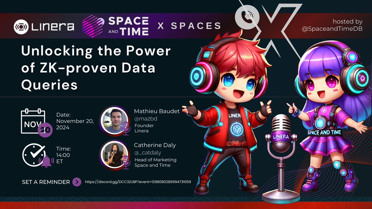 nininiao's tweet image. ❓ How are #Linera and #SpaceandTime transforming Web3?

🎙️ Unlocking the Power of ZK-Proven Data Queries

Join @linera_io and @SpaceandTimeDB for an in-depth X Spaces discussion with:

👨‍💻 Mathieu Baudet (@ma2bd), Founder of Linera
🌟 Catherine Daly (@_catdaly), Head of…