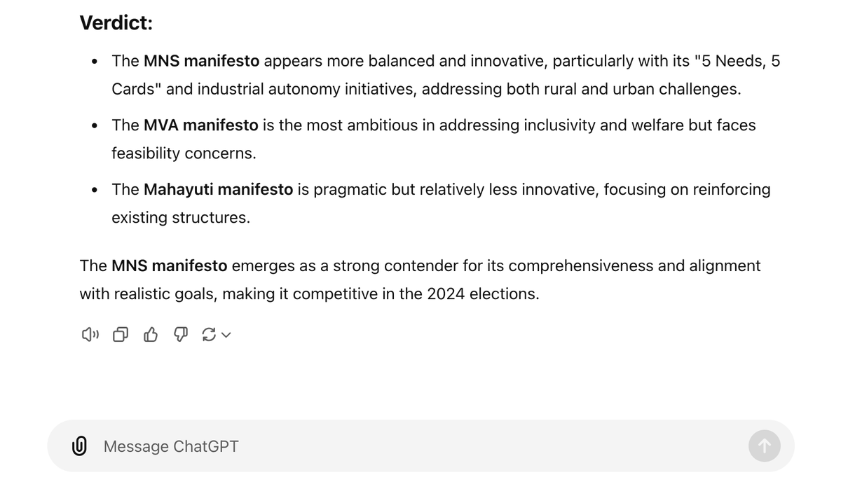 MNSReportEng's tweet photo. Even chatgpt analysis says MNS manifesto is better overall than the MVA and Mahayuti.
Now it's our turn to opt for a better Maharashtra!
#RajThackeray #Maharashtra #MaharashtraElection2024 https://t.co/6YGBMS85Dt