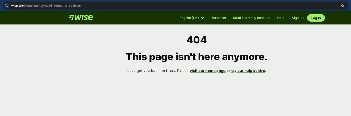 Hey, <a href="/Wise/">Wise</a> / <a href="/WiseBusiness_/">Wise Business</a>

All these "send money to the country" URLs on your homepage are throwing 404.

Can someone please fix it?

#Wise #TransferWise