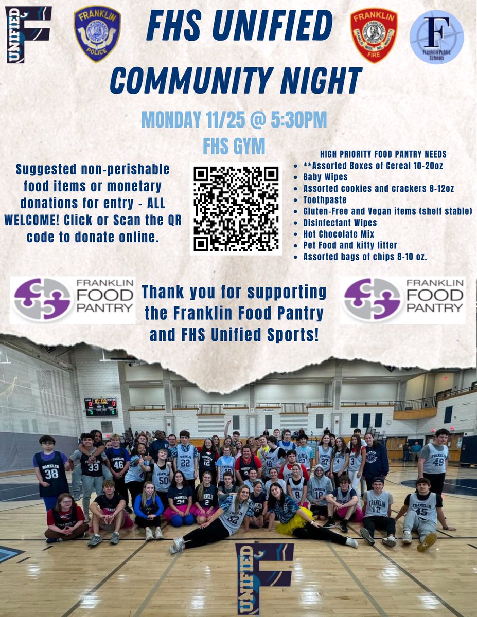 Come support the Franklin Food Pantry and FHS Unified Basketball! Monday, Nov. 25th @ 5:30! Considering donating or bringing a canned good Monday night!! See flyer below!!