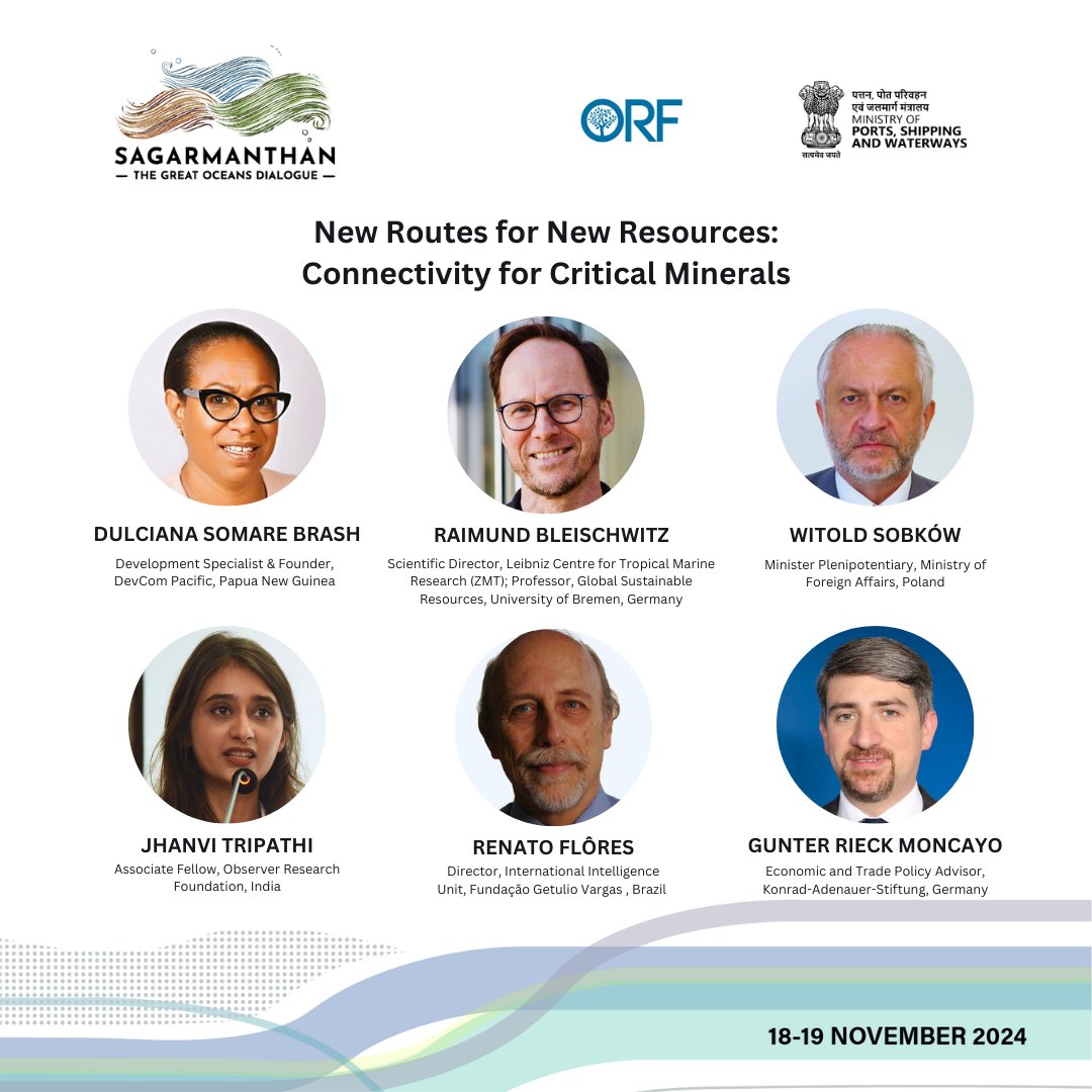 ORF (@orfonline) on Twitter photo #Sagarmanthan2024 | New Routes for New Resources: Connectivity for Critical Minerals
We are live tweeting the session with Dulciana Somare Brash, <a href="/BleischwitzR/">Raimund Bleischwitz</a>, <a href="/WitoldSobkow/">WITOLD SOBKOW</a>, <a href="/jhanvi_t/">Jhanvi Tripathi (잔비)</a>, Renato Flores, & <a href="/GRM_Berlin/">Gunter Rieck Moncayo</a>
Follow this thread for live updates!
<a href="/shipmin_india/">Ministry of Ports, Shipping and Waterways</a> #Sagarmanthan2024 | New Routes for New Resources: Connectivity for Critical Minerals
We are live tweeting the session with Dulciana Somare Brash, <a href="/BleischwitzR/">Raimund Bleischwitz</a>, <a href="/WitoldSobkow/">WITOLD SOBKOW</a>, <a href="/jhanvi_t/">Jhanvi Tripathi (잔비)</a>, Renato Flores, & <a href="/GRM_Berlin/">Gunter Rieck Moncayo</a>
Follow this thread for live updates!
<a href="/shipmin_india/">Ministry of Ports, Shipping and Waterways</a>