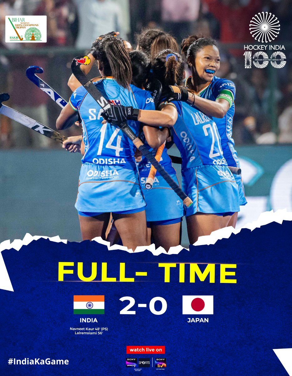 TheHockeyIndia's tweet photo. Full-Time! 🇮🇳🏑

Team India continues their incredible run at the Bihar Women’s Asian Champions Trophy Rajgir 2024, defeating Japan 2-0 to secure a place in the FINAL! 🔥💪

The defending champions are one step away from glory as they aim to retain their crown! Let's bring it home

 #SemiFinals #HockeyIndia #IndiaKaGame #BharatKiSherniyan #BiharWACTRajgir2024 #WomensAsianChampionsTrophy #HockeyKaParvBiharKaGarv
.
.
.
@CMO_Odisha @IndiaSports @Media_SAI @sports_odisha @FIH_Hockey @Limca_Official @CocaCola @asia_hockey @BSSABihar