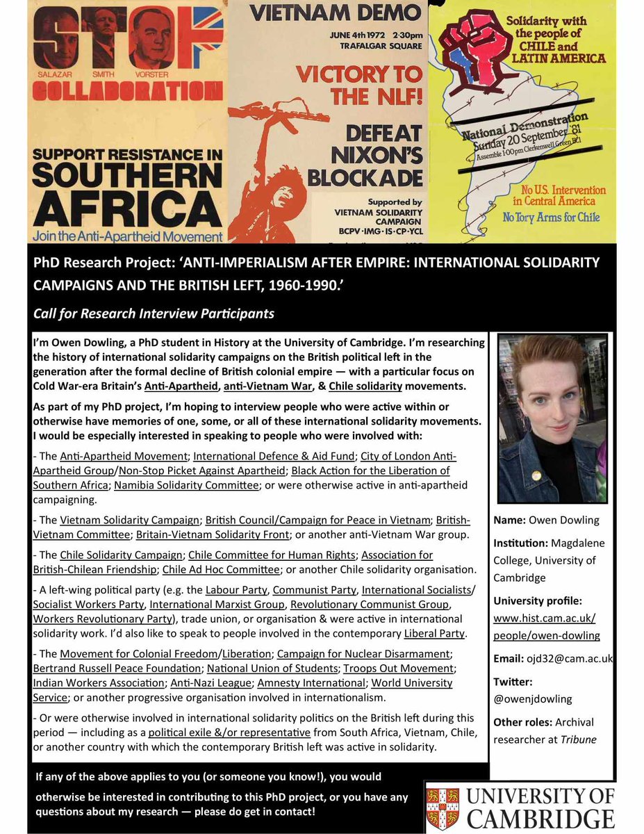 CALL FOR INTERVIEWEES
I'm looking to conduct research interviews with people who were involved in Anti-Apartheid, anti-Vietnam War, &amp;/or Chile solidarity politics in Britain, for my PhD on international solidarity &amp; the Cold War-era UK left (see below).
PLEASE SHARE/get in touch!