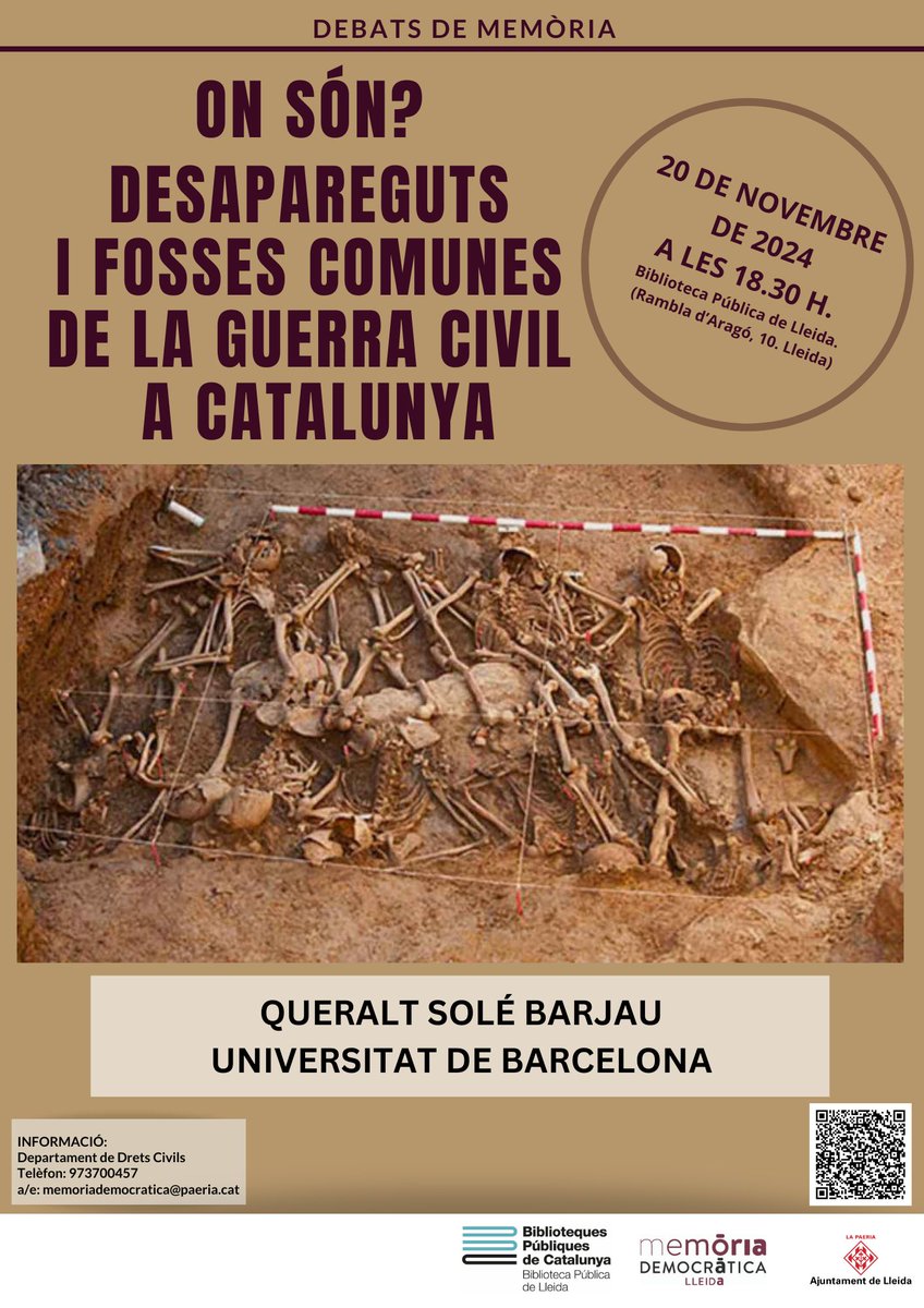 Demà farem el penúltim Debats de Memòria de <a href="/paerialleida/">Ajuntament de Lleida</a> de 2024 a la <a href="/bplleida/">Biblioteca P. Lleida</a>. La historiadora <a href="/QBru/">Queralt Solé</a> ens explicarà la situació dels treballs d'exhumació a les  fosses de la Guerra Civil a Catalunya i l'estat de les actuacions que s'estan fent al Valle de los Caídos.