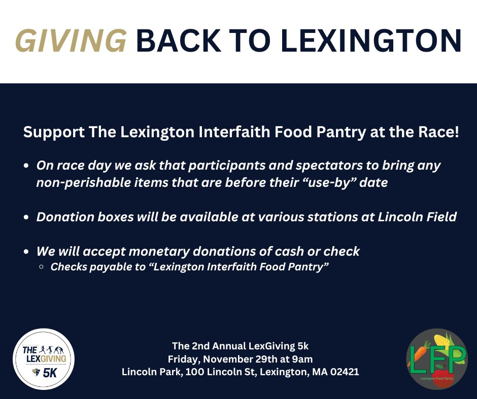 LexGiving 5k supports the Lexington Interfaith Food Pantry. Please bring your non-perishable items to the race to help those in need.  Sign up for the race today to join the community on Black Friday and promote health, wellness, and giving.

runsignup.com/Race/MA/Lexing…

<a href="/TownOfLexMA/">Town of Lexington, MA</a>