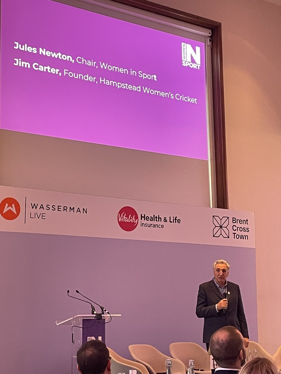 Our conference is about bringing women &amp; men together for change so first on stage is our chair @JuliaJNewton and Jim Carter OBE, founder of Hamstead Women’s Cricket on the history of our charity and what’s still left to be done. #womeninsport40