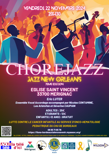 [#CONCERT] Ce vendredi, le <a href="/lionsclubs/">Lions International</a> Bordeaux Mérignac Talence Avenir organise le concert caritatif CHOREJAZZ pour les enfants atteints d'un cancer soignés dans le service d'onco-hématologie du <a href="/CHUBordeaux/">CHU de Bordeaux</a>

🗓️ 22 novembre 2024
📍Eglise Saint Vincent de Mérignac
⌚️20h30

👇