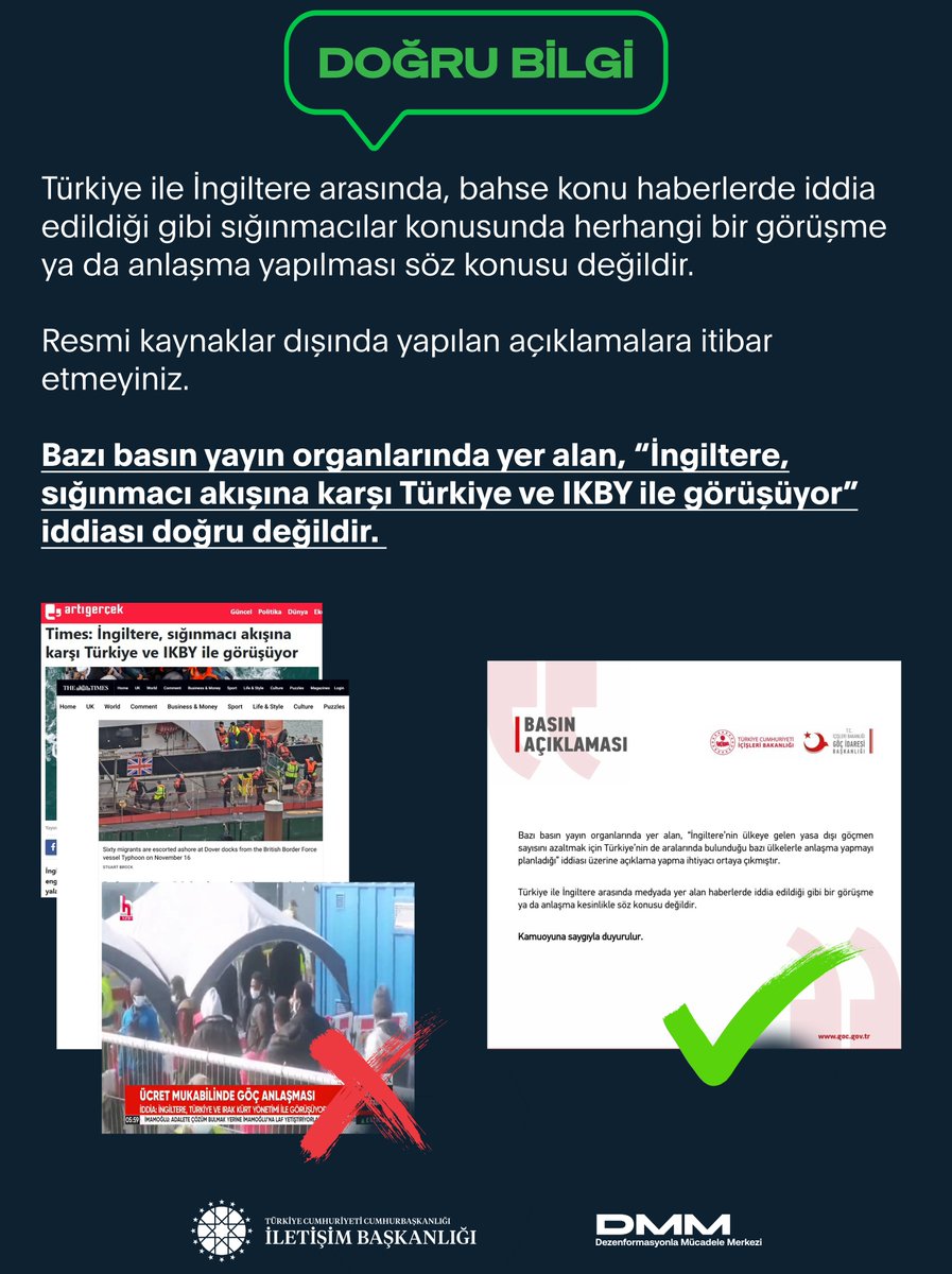dmmiletisim's tweet photo. 📌Bazı basın yayın organlarında yer alan, “İngiltere, sığınmacı akışına karşı Türkiye ve IKBY ile görüşüyor” iddiası doğru değildir. 

Türkiye ile İngiltere arasında, bahse konu haberlerde iddia edildiği gibi sığınmacılar konusunda herhangi bir görüşme ya da anlaşma yapılması söz konusu değildir.

Resmi kaynaklar dışında yapılan açıklamalara itibar etmeyiniz.
