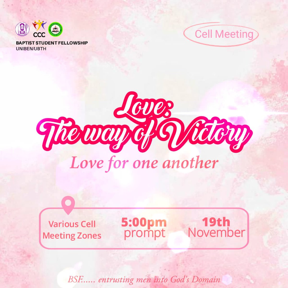 bsfunibenubth's tweet photo. "Let me give you a new command: 

Love one another. In the same way I loved you, you love one another. 
This is how everyone will recognize that you are my disciples—when they see the love you have for each other"

Join us today by 5pm at your various cell zones

#bsfunibenubth https://t.co/ioJBMyKgbq