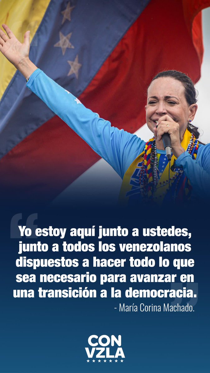 🗣️ @MariaCorinaYa "Yo estoy aquí junto a ustedes, junto  a todos los venezolanos dispuestos hacer todo lo que sea necesario para avanzar en una transición a la democracia". 

#HastaElFinal
