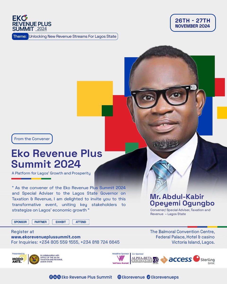 Shaping the Future of Lagos Together!
Join me, Abdul-Kabir Opeyemi Ogungbo, at the Eko Revenue Plus Summit on November 26th-27th, 2024. 

Let’s discuss critical sectors like Property, Digital, Informal, Circular, Energy/IPP,  sustainability, and energy to drive Lagos’ growth!