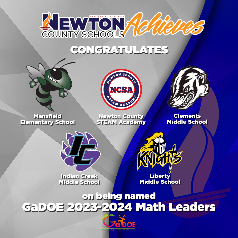 Congratulations to Mansfield Elementary, Newton County STEAM Academy, Clements Middle, Indian Creek Middle, and Liberty Middle for being named 2023-2024 Math Leader Schools by the Georgia Department of Education! <a href="/NCTS09/">Newton County STEAM Academy</a> <a href="/ClementsMiddle/">CLMS</a> <a href="/indiancreekmid/">Paul the Panther</a> <a href="/LibertyMiddle/">Liberty Middle</a>
