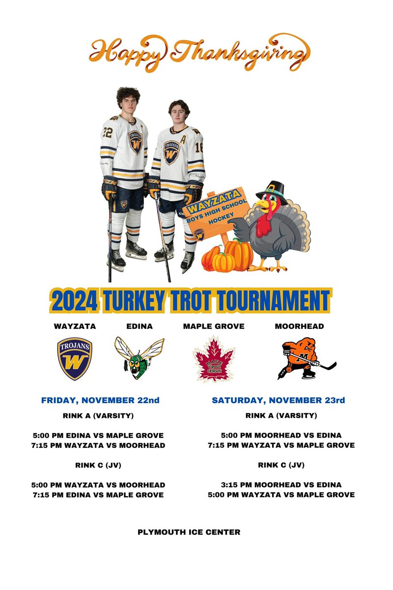For the first time in a long time, The 2024 Turkey Trot Weekend will fall a week before Thanksgiving,  Come out this weekend  at PIC and take in some quality hockey!  #wayzataway