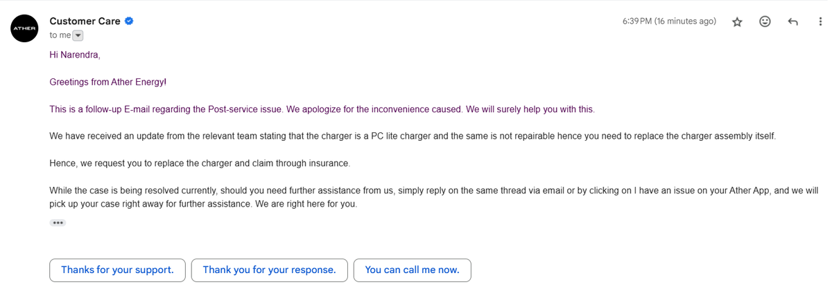 Akaz_mn's tweet photo. Asked @atherenergy to repair my brand new charger which had the cable torn apart by my dog, but this is what i get. Utter waste of new charger.  Chargers cannot be 'Use and Discard' kinda. 
@tarunmehta do you expect people to replace a whole charger for a mere cut in the cable? https://t.co/3HH5P1lSjL