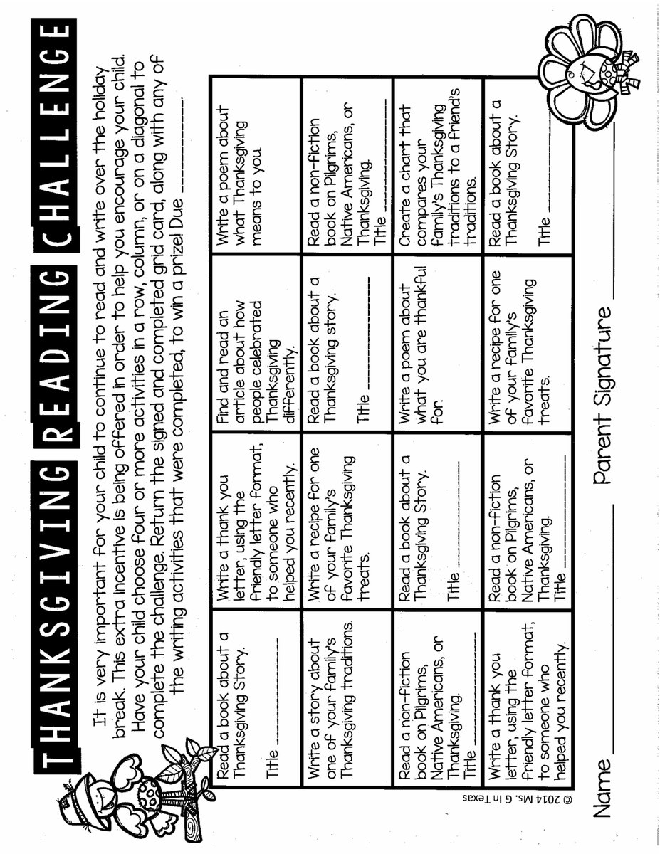 AnEducator's tweet image. Thanksgiving Reading Challenge!  Let&apos;s fall into a fun reading adventure! Pick books about gratitude &amp;amp; kindness. Set a goal: read 20 minutes a day during break.  Make a gratitude journal: jot down one thing that makes you thankful! #DHEREADS #spslib @officialSPS @DHElementary